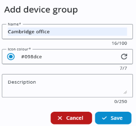 Add device group dialog. Includes fields for Name (with "Cambridge office" entered), Icon colour (set to #098dce with a refresh icon to change it), and an optional Description field. Each field shows a character count. At the bottom are two buttons: a red Cancel button and a blue Save button.